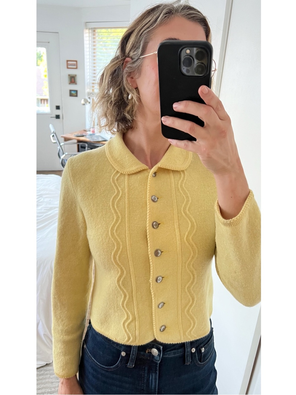 Vintage 80s Geiger Tyrol Butter Yellow Boiled Wool Peter Pan Collar Jacket